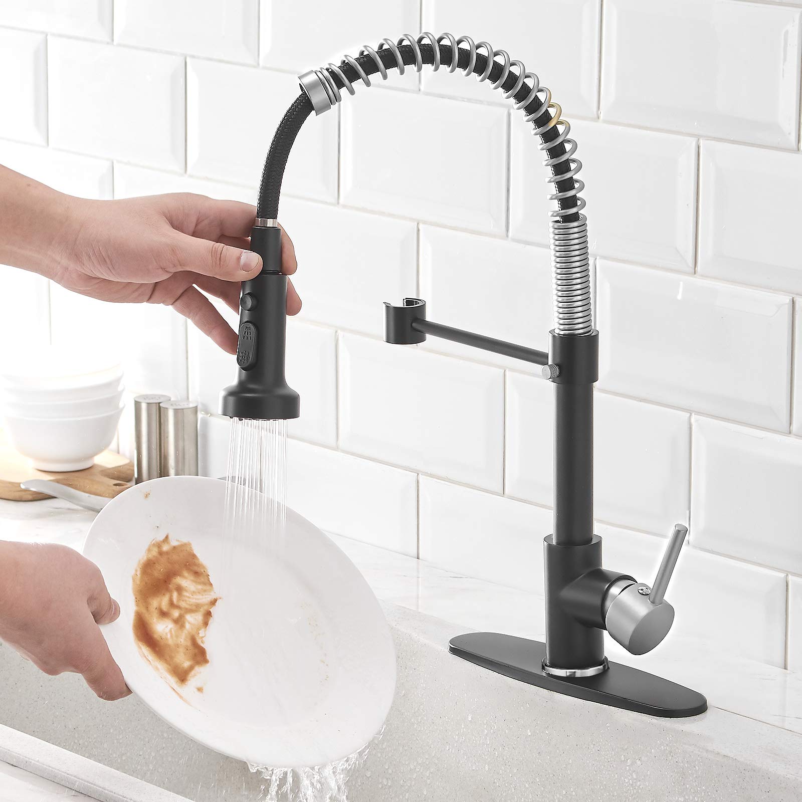 Hoimpro Matte Black&Brushed Nickel Spring Kitchen Faucet With Pull Down Sprayer, Rv Paint Kitchen Sink Faucet With Pull Out Spra
